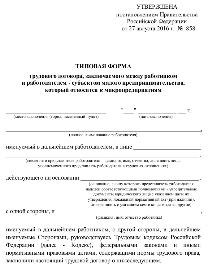 типовая форма трудового договора